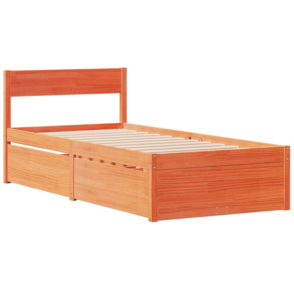 Lit avec tiroirs/matelas cire marron 90x190 cm bois massif pin - XIOS