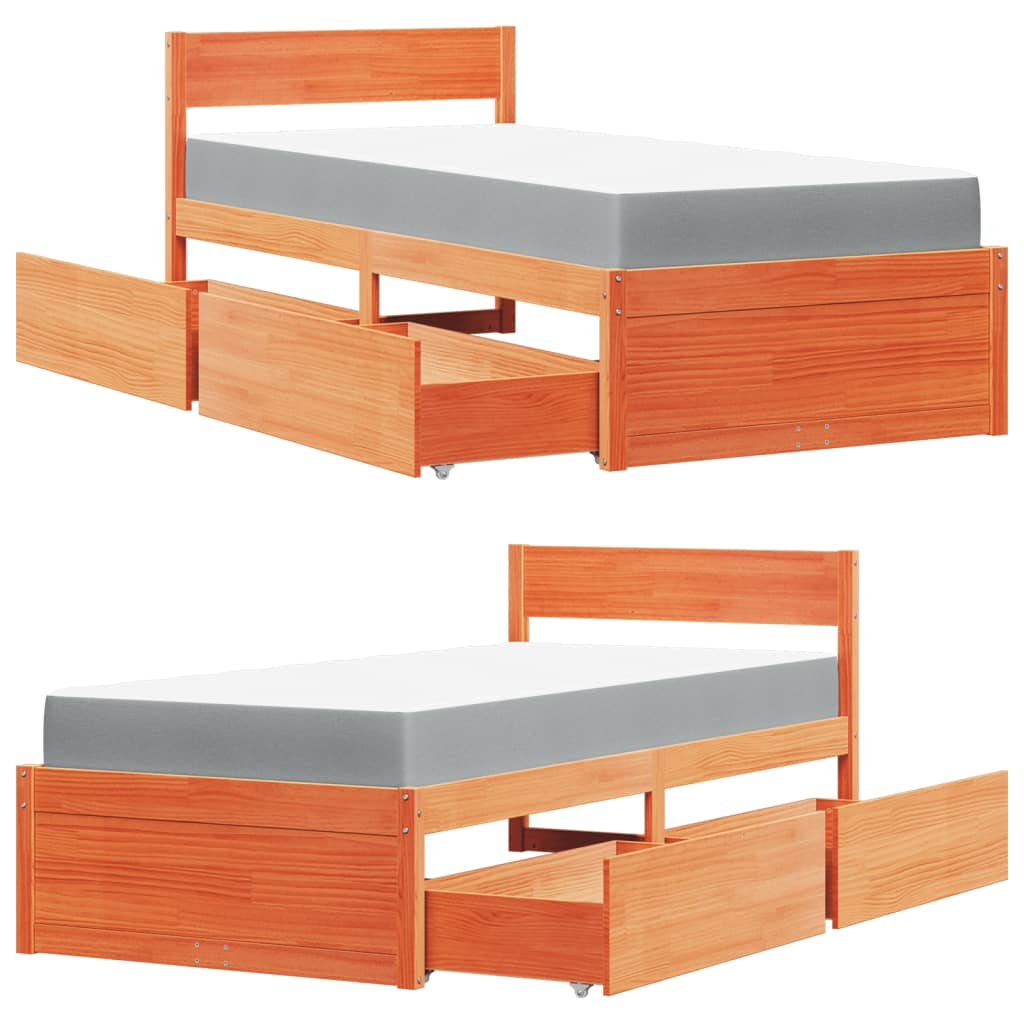 Lit avec tiroirs/matelas cire marron 90x190 cm bois massif pin - XIOS