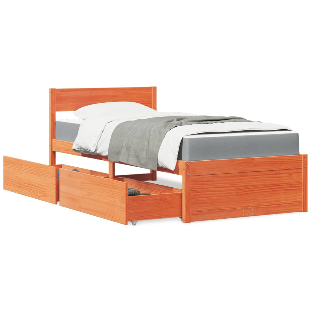 Lit avec tiroirs/matelas cire marron 90x190 cm bois massif pin - XIOS