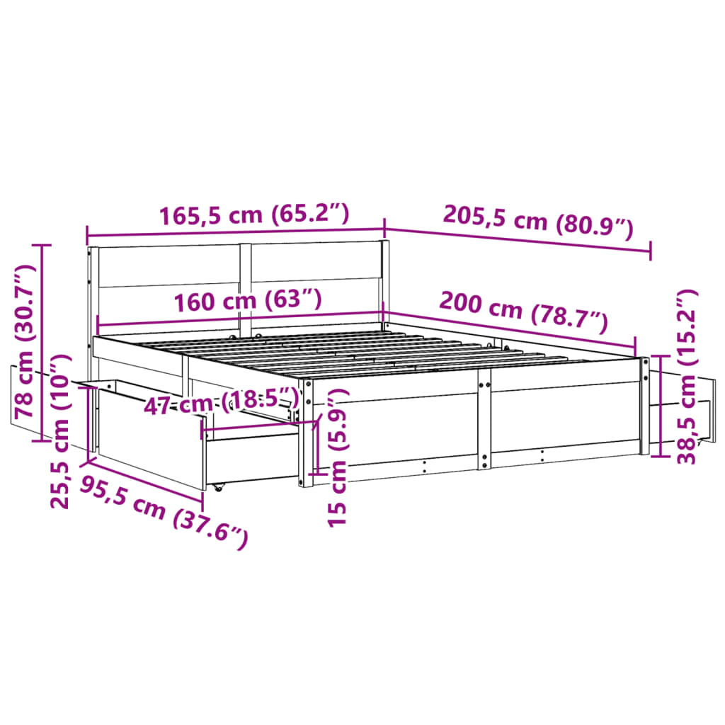 Cadre de lit sans matelas 160x200 cm bois massif de pin - XIOS