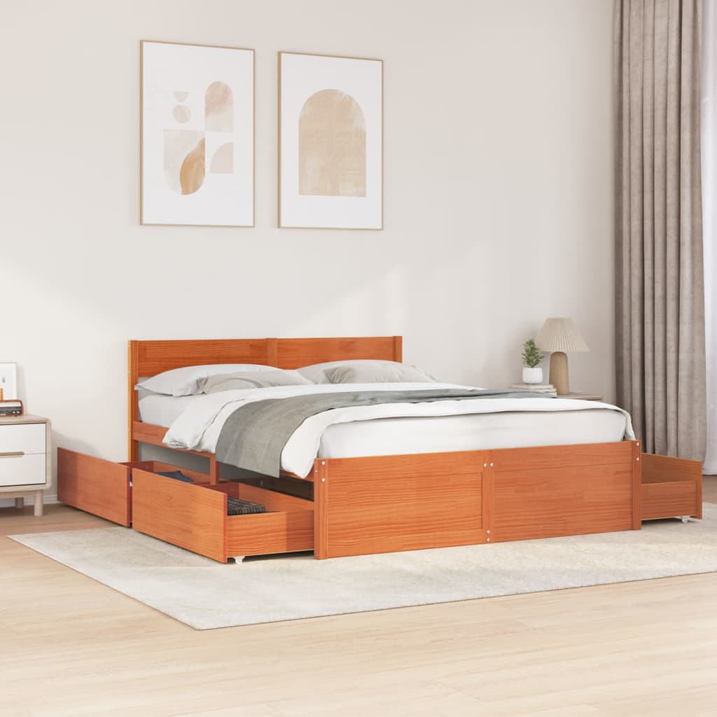 Cadre de lit sans matelas cire marron 150x200cm bois pin massif - XIOS