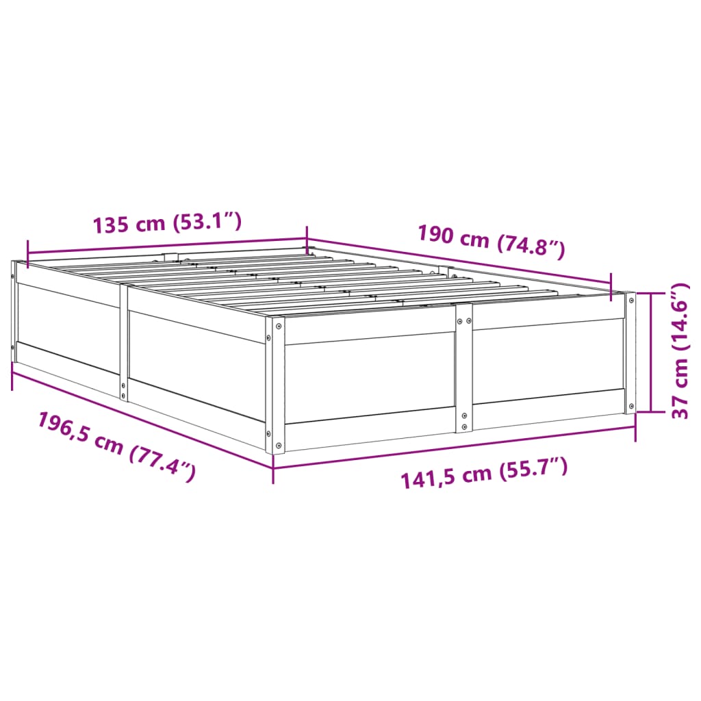 Cadre de lit sans matelas cire marron 135x190cm bois pin massif - XIOS