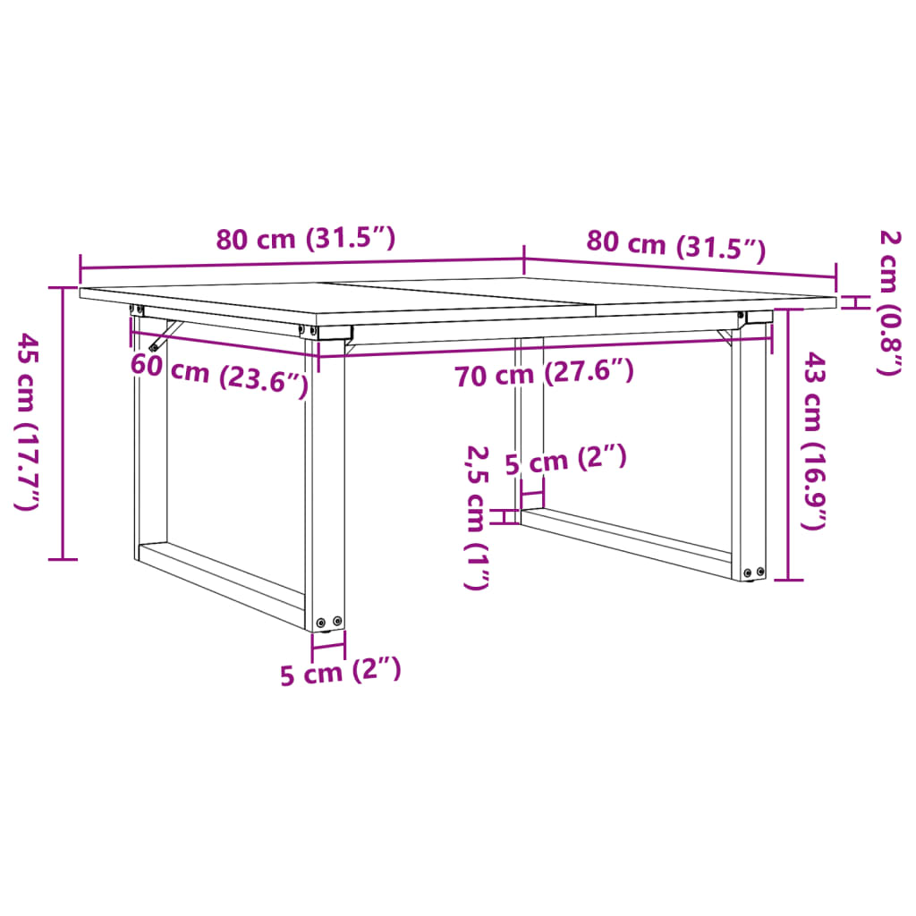 Table basse cadre en O 80x80x45 cm bois de pin massif et fonte