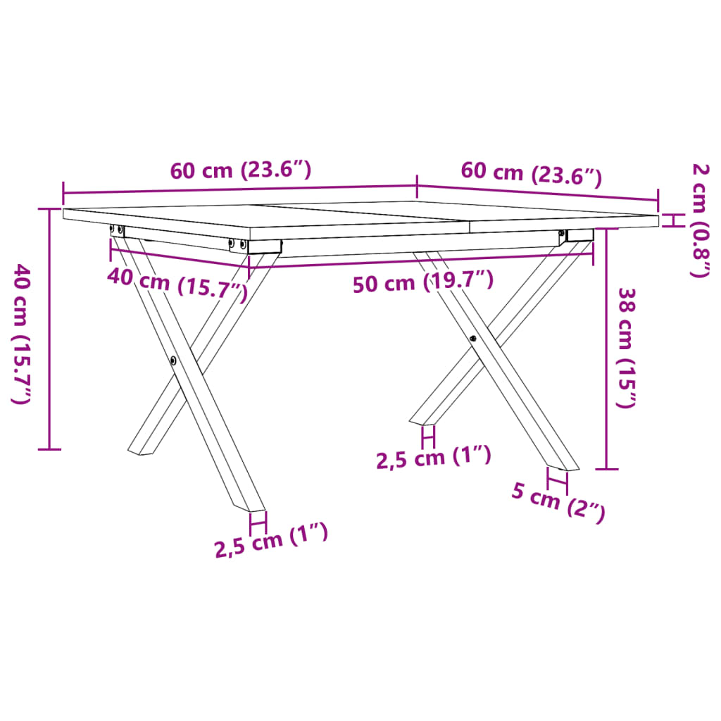 Table basse cadre en X 60x60x40 cm bois de pin massif et fonte