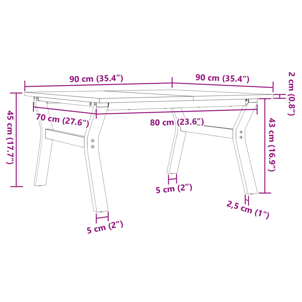 Table basse cadre en Y 90x90x45 cm bois de pin massif et acier - XIOS