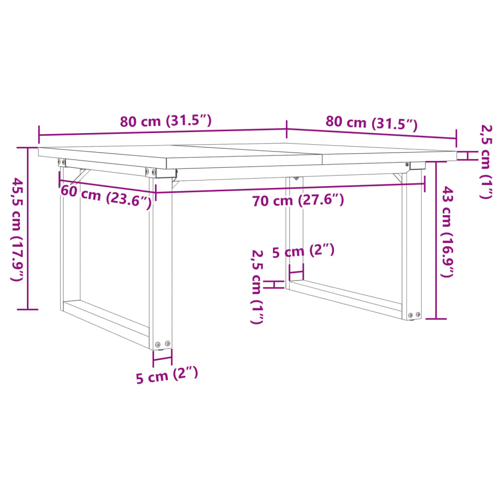 Table basse cadre en O 80x80x45,5cm bois de pin massif et fonte - XIOS