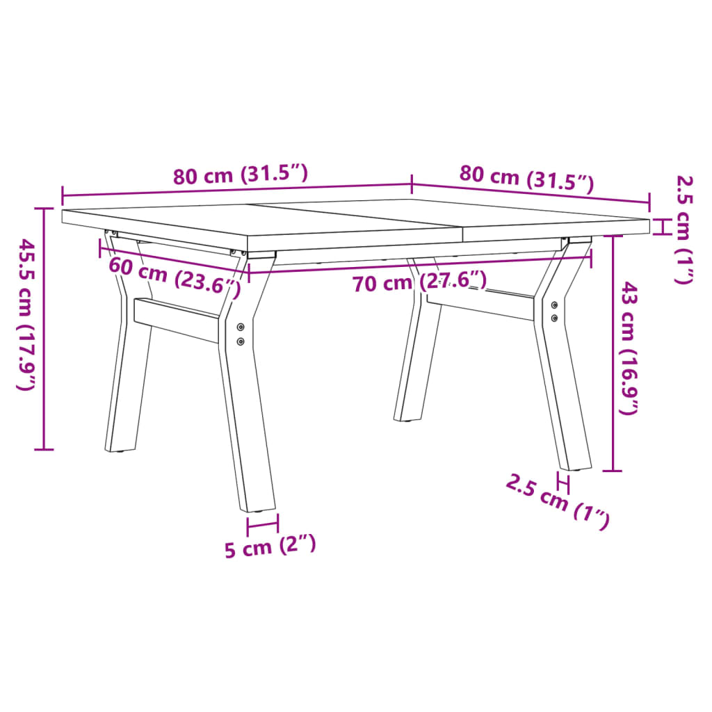 Table basse cadre en Y 80x80x45,5cm bois de pin massif et acier - XIOS