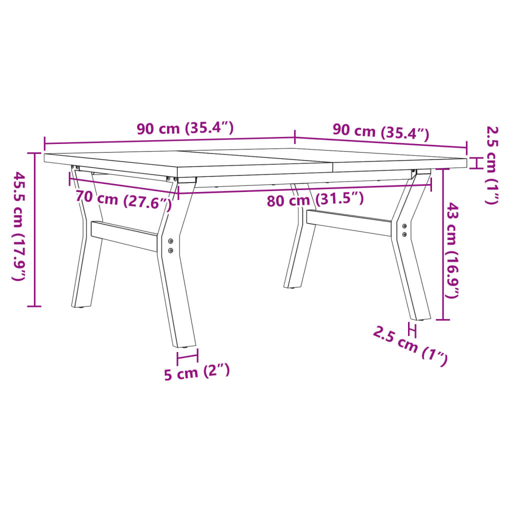 Table basse cadre en Y 90x90x45,5cm bois de pin massif et fonte - XIOS