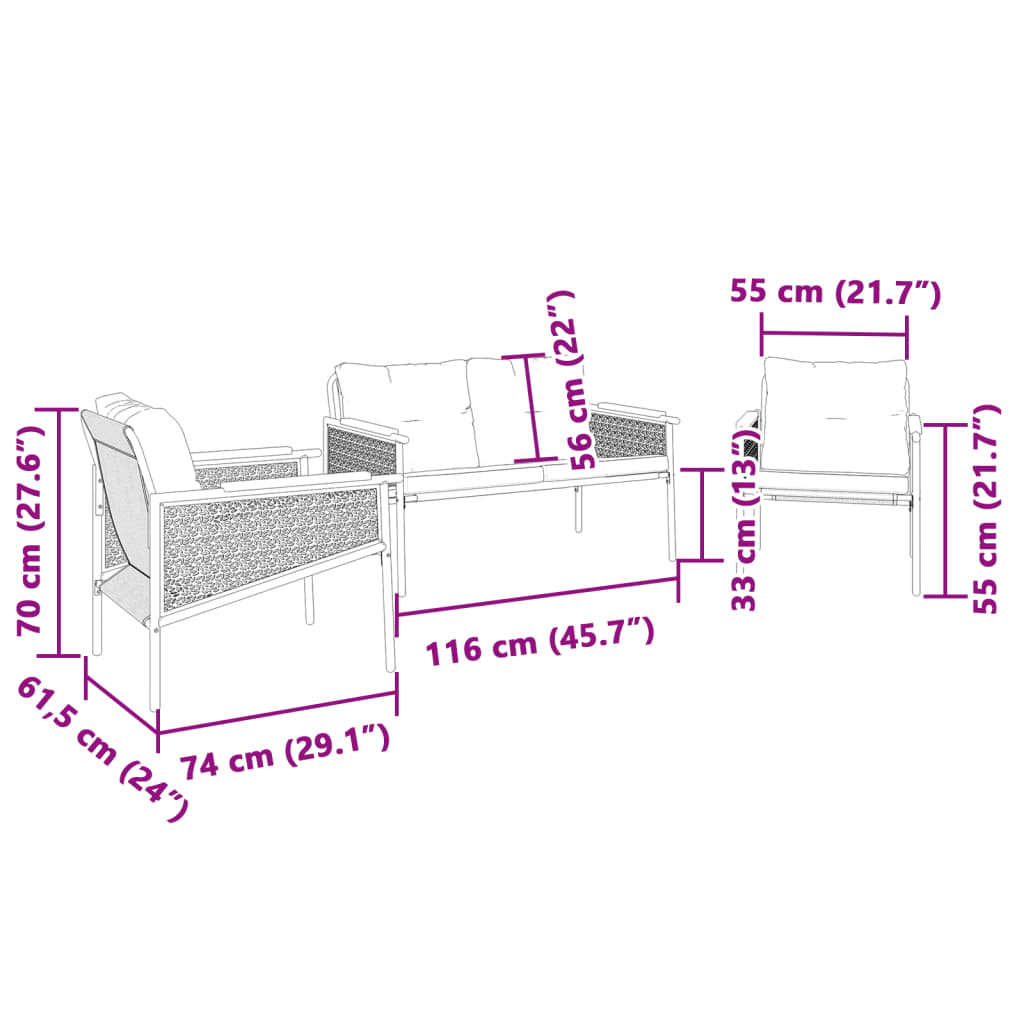 Ensemble de meubles de balcon avec coussins 3 pcs noir acier Salons de jardin vidaXL
