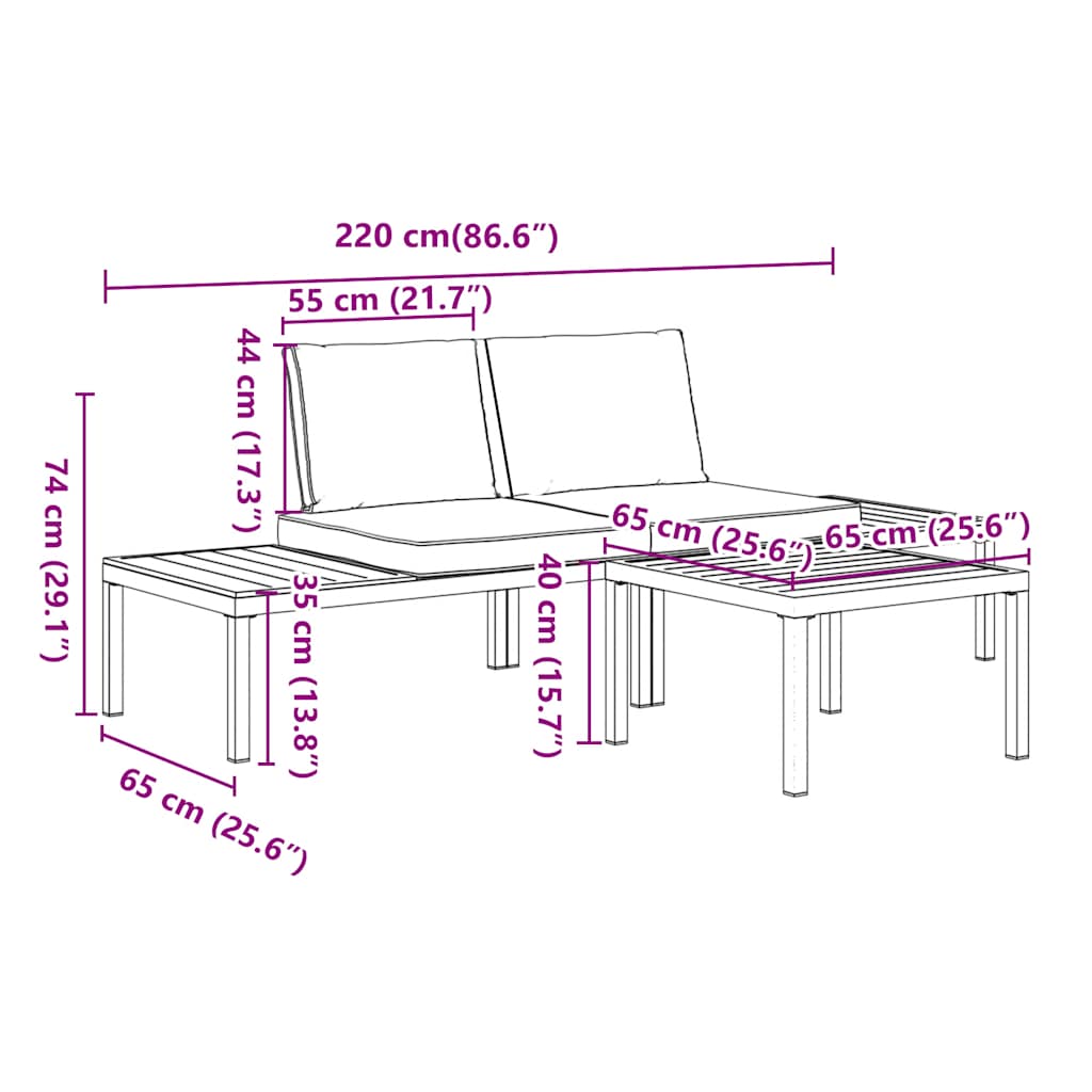 Salon de jardin 3 pcs avec coussins noir aluminium - XIOS