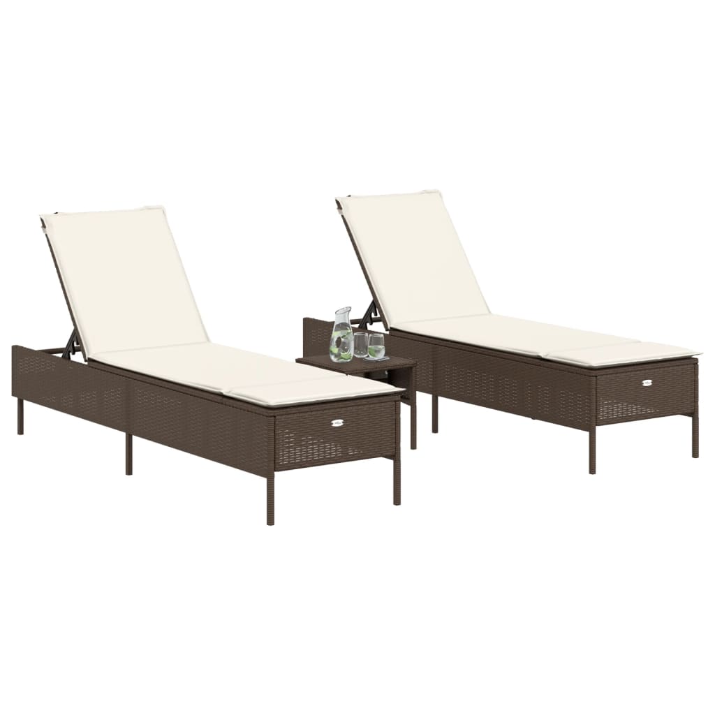 Ensemble de chaises longues et coussins 3 pcs marron poly rotin Bains de soleil vidaXL