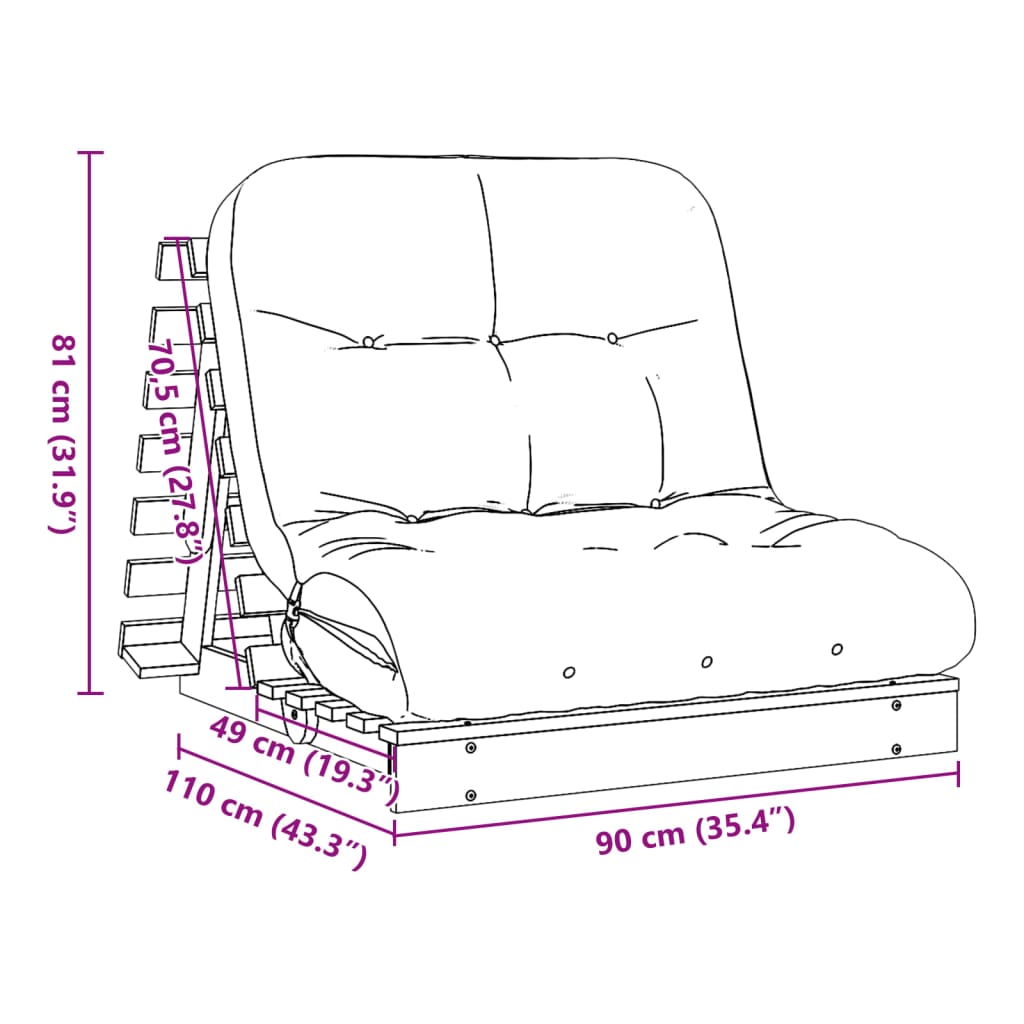 Canapé-lit futon avec matelas 90x206x11 cm bois massif de pin - XIOS