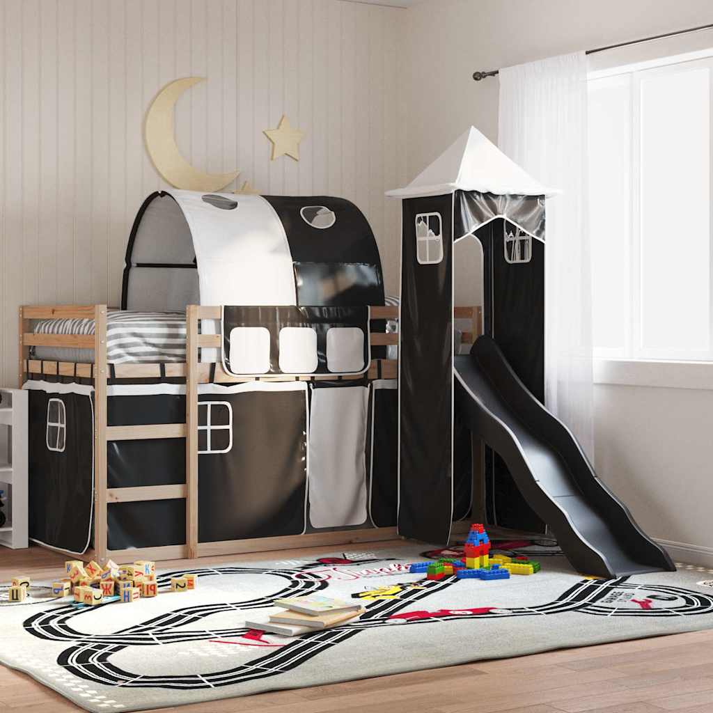 Lit superposé sans matelas avec toboggan blanc noir 80x200 cm - XIOS