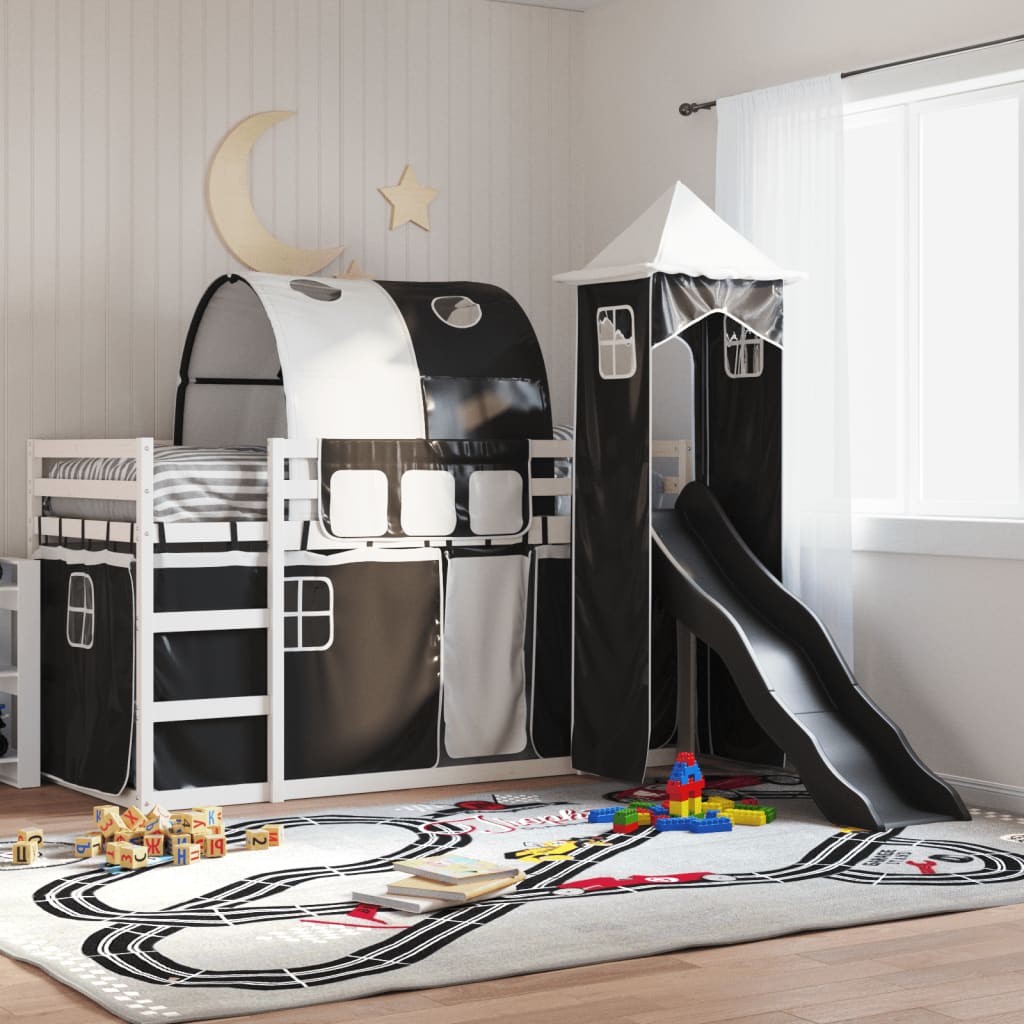 Lit superposé sans matelas avec toboggan blanc noir 90x190 cm - XIOS