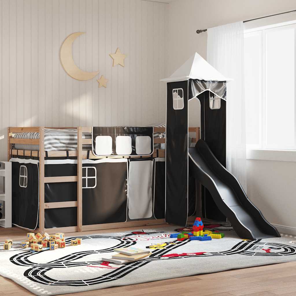 Lit superposé sans matelas avec toboggan blanc noir 90x190 cm - XIOS