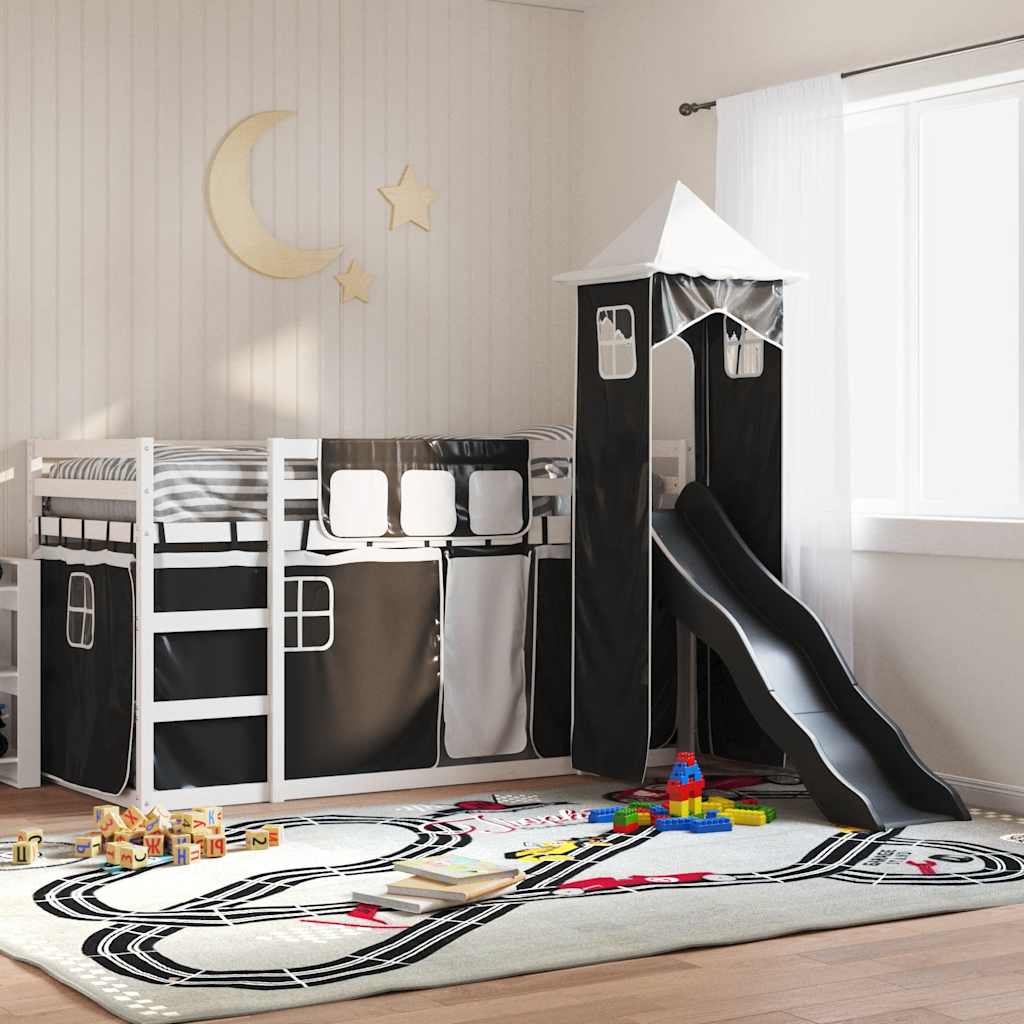 Lit superposé sans matelas avec toboggan blanc noir 90x190 cm - XIOS