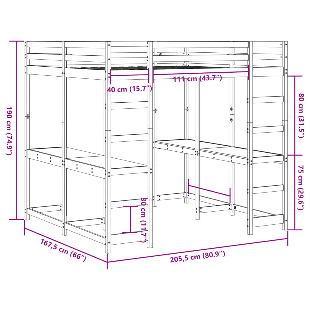 Lit superposé et bureau et échelle 160x200cm bois de pin massif - XIOS
