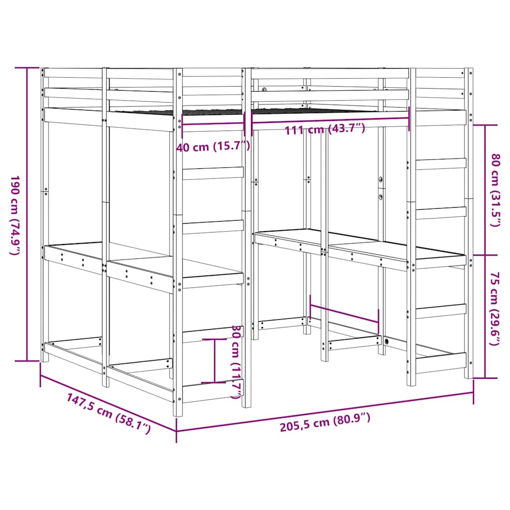 Lit superposé et bureau et échelle 140x200cm bois de pin massif - XIOS