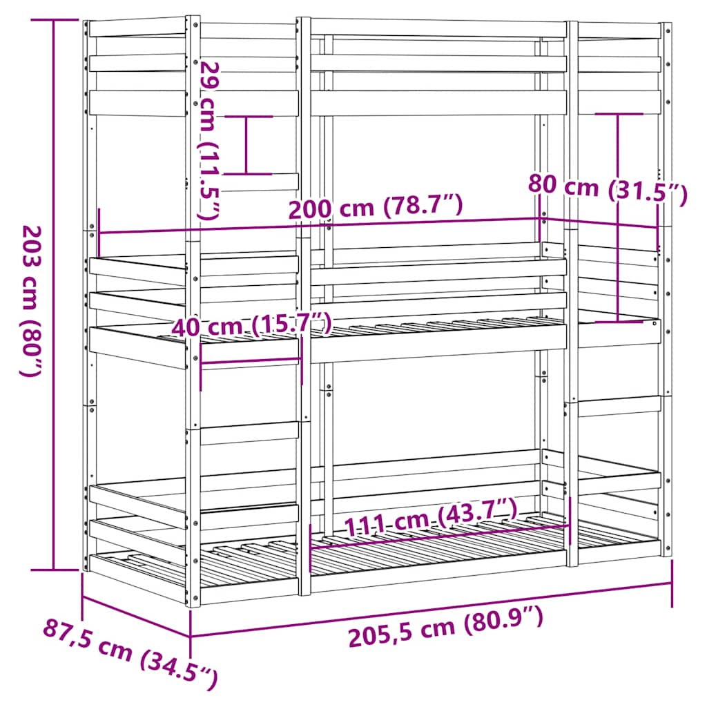 Lit superposé triple sans matelas 80x200 cm bois de pin massif - XIOS
