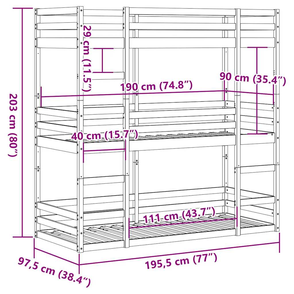 Lit superposé triple sans matelas 90x190 cm bois de pin massif - XIOS