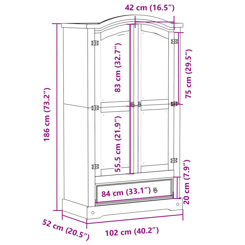 Garde-robe Corona blanc 102x52x186 cm bois de pin massif XIOS