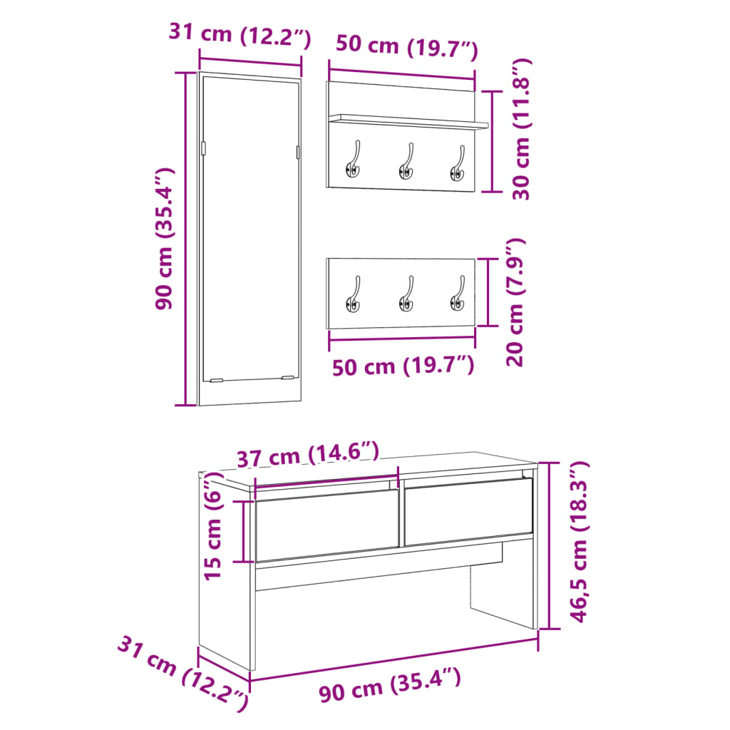 Ensemble de meubles de couloir 4 pcs chêne marron