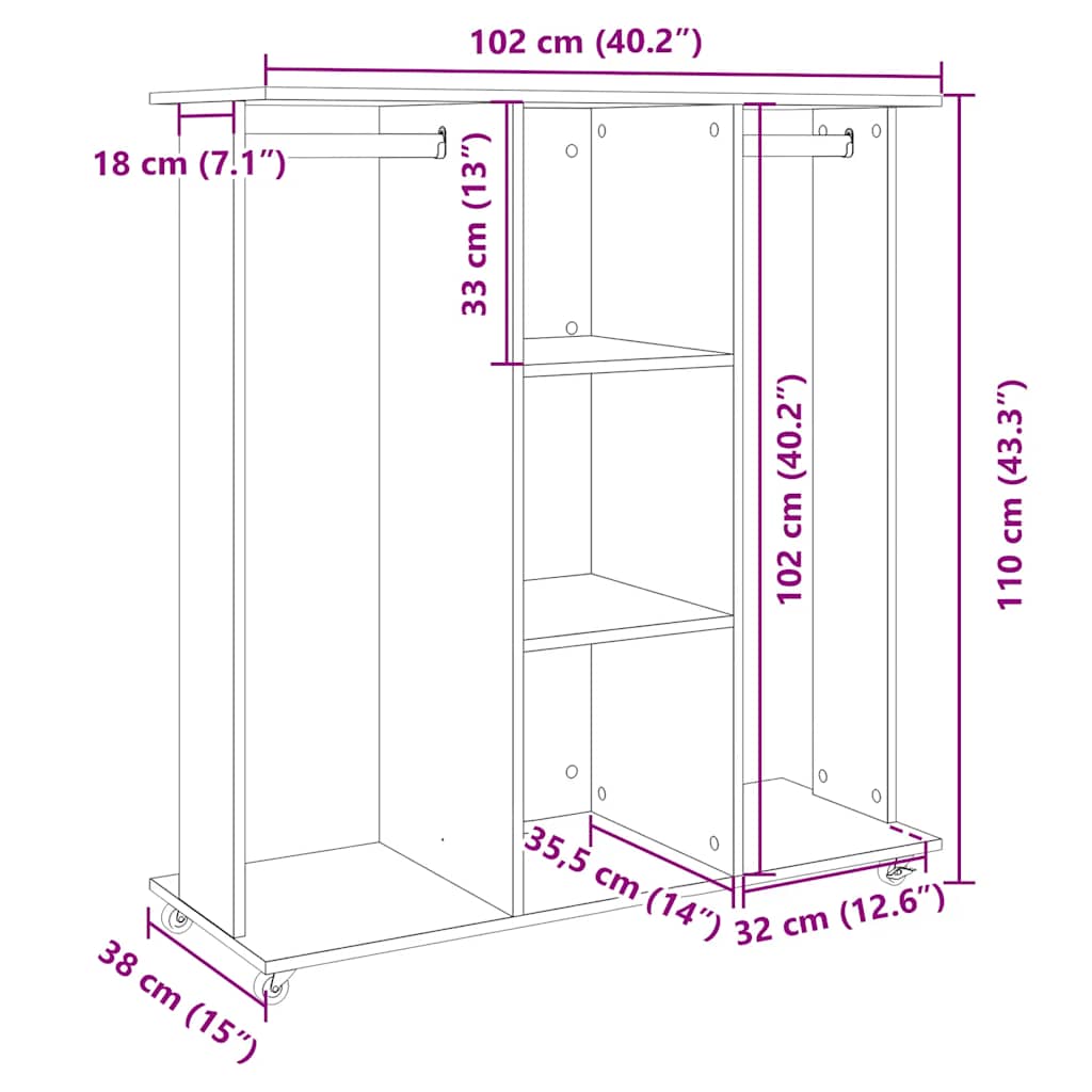 Garde-robe avec roues sonoma gris 102x38x110 cm bois ingénierie - XIOS