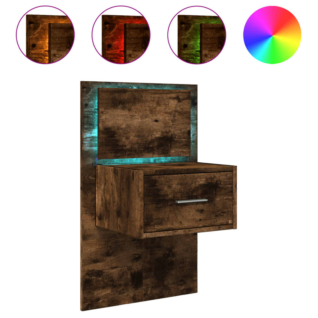 Table de chevet murale avec lumières LED chêne fumé - XIOS
