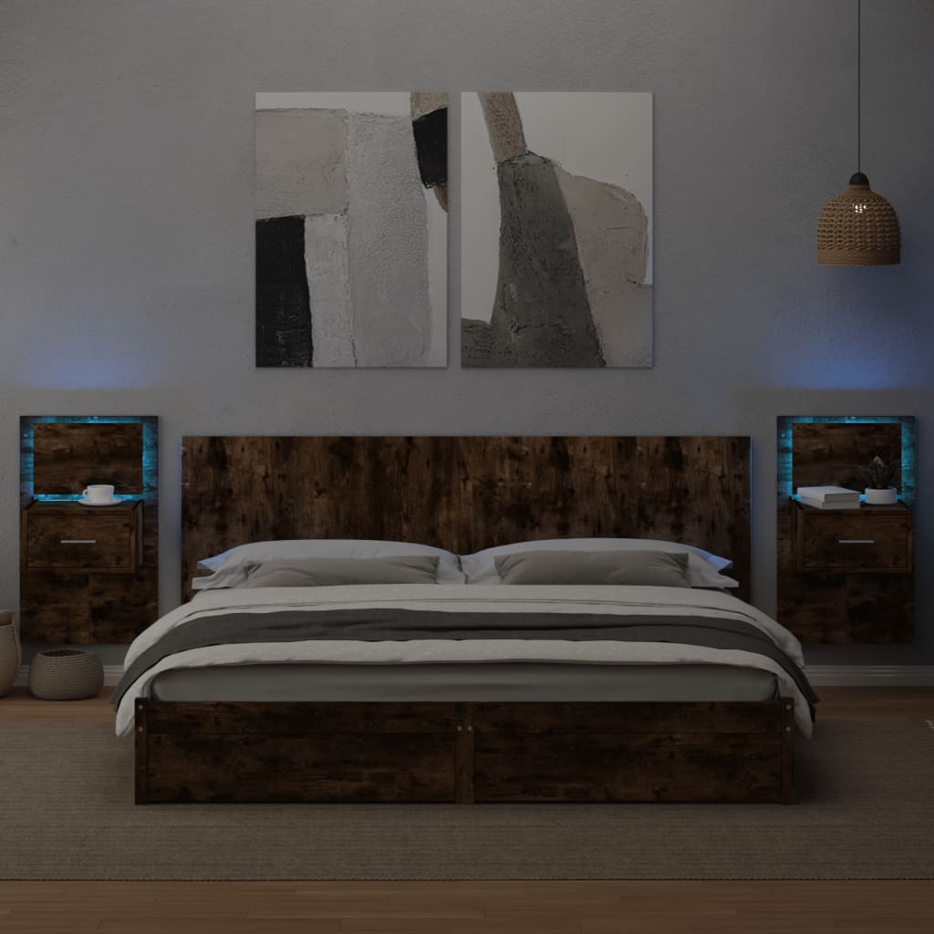 Tables de chevet murales avec lumières LED 2 pcs chêne fumé - XIOS