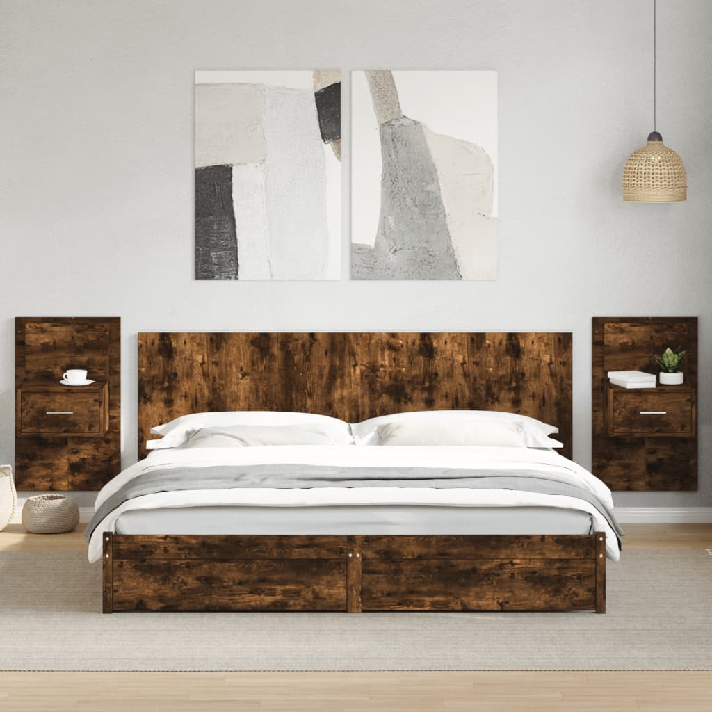 Tables de chevet murales avec lumières LED 2 pcs chêne fumé - XIOS