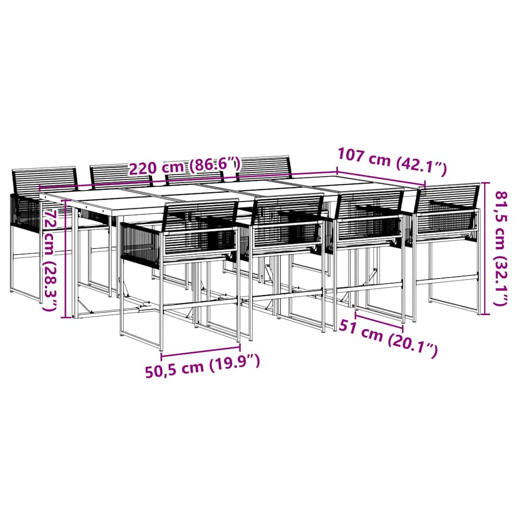 Ensemble à manger de jardin 9pcs coussins noir résine tressée - XIOS
