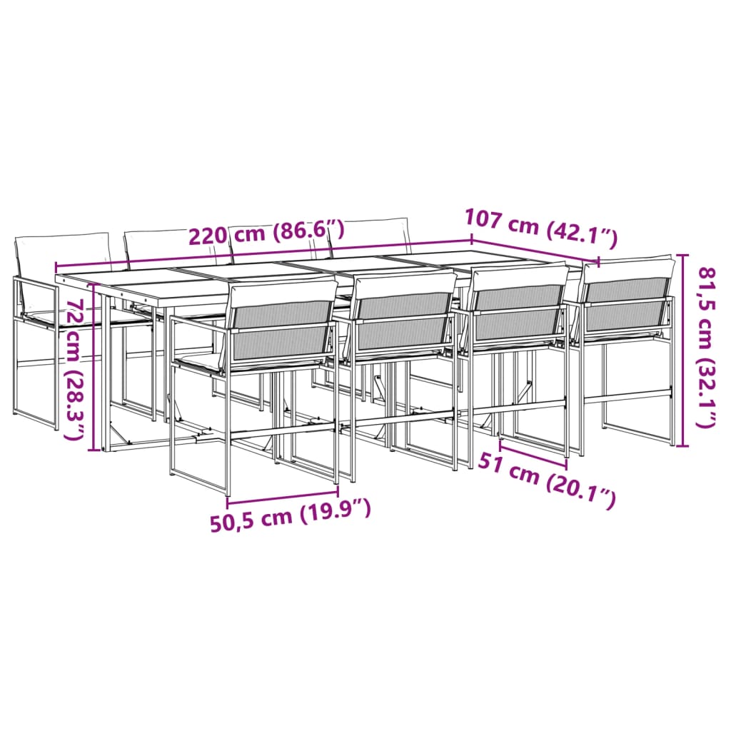 Ensemble à manger de jardin avec coussins 9 pcs noir textilène - XIOS