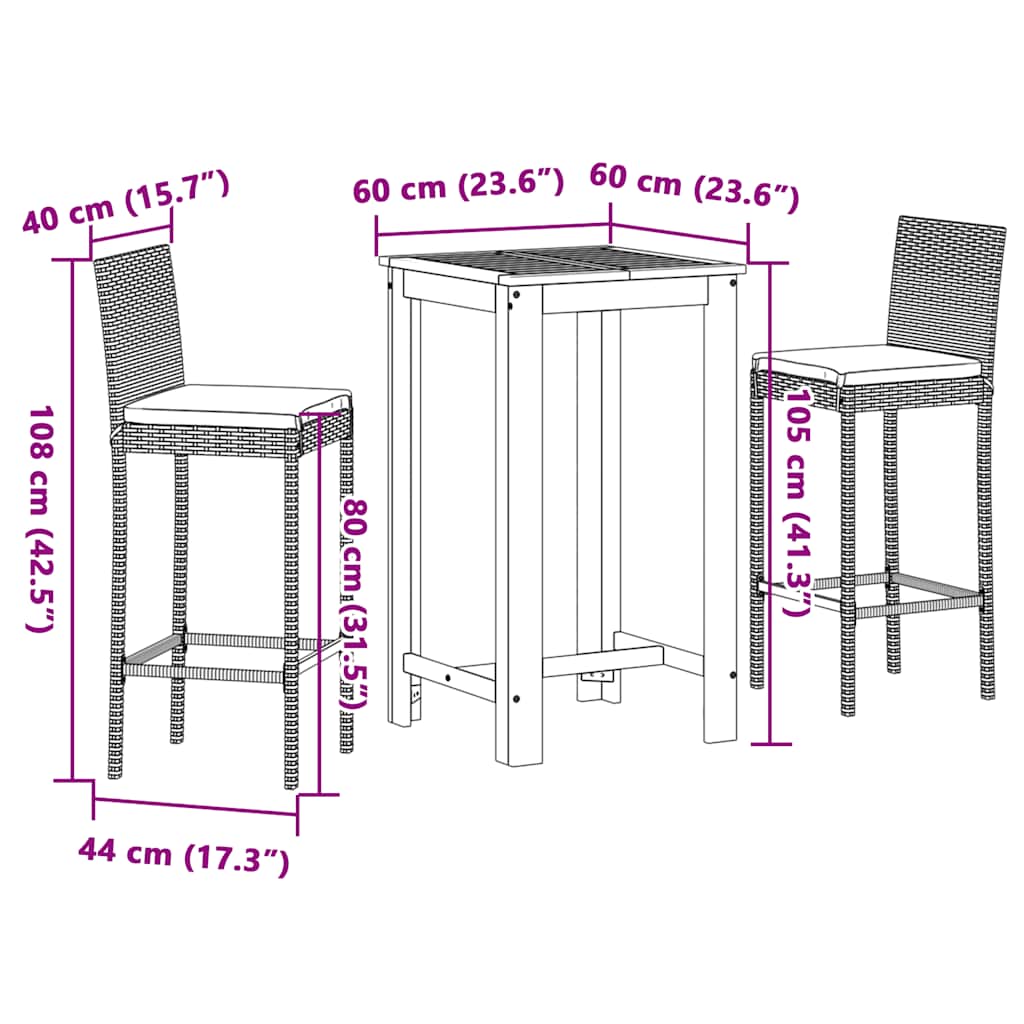 Ensemble de bar de jardin 3 pcs noir bois massif acacia rotin - XIOS