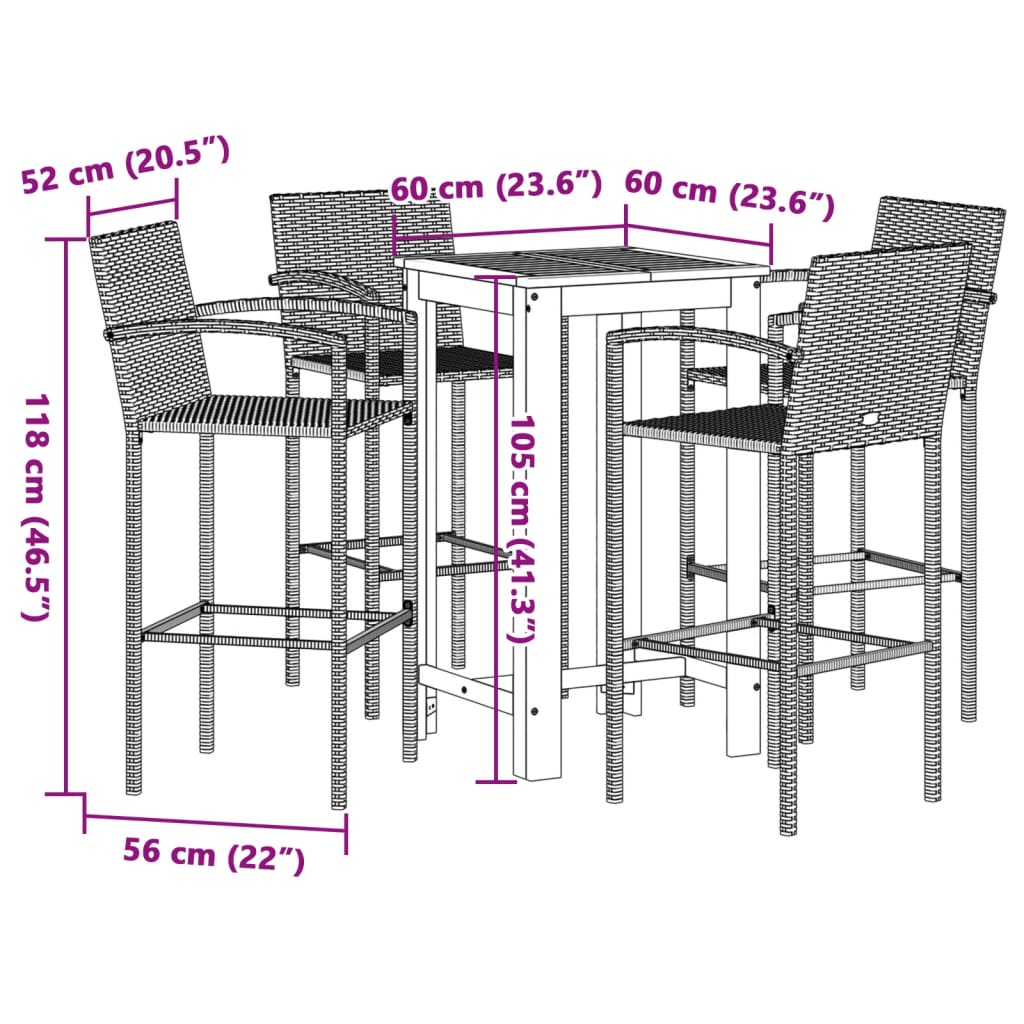 Ensemble de bar de jardin 5 pcs marron bois massif acacia rotin - XIOS