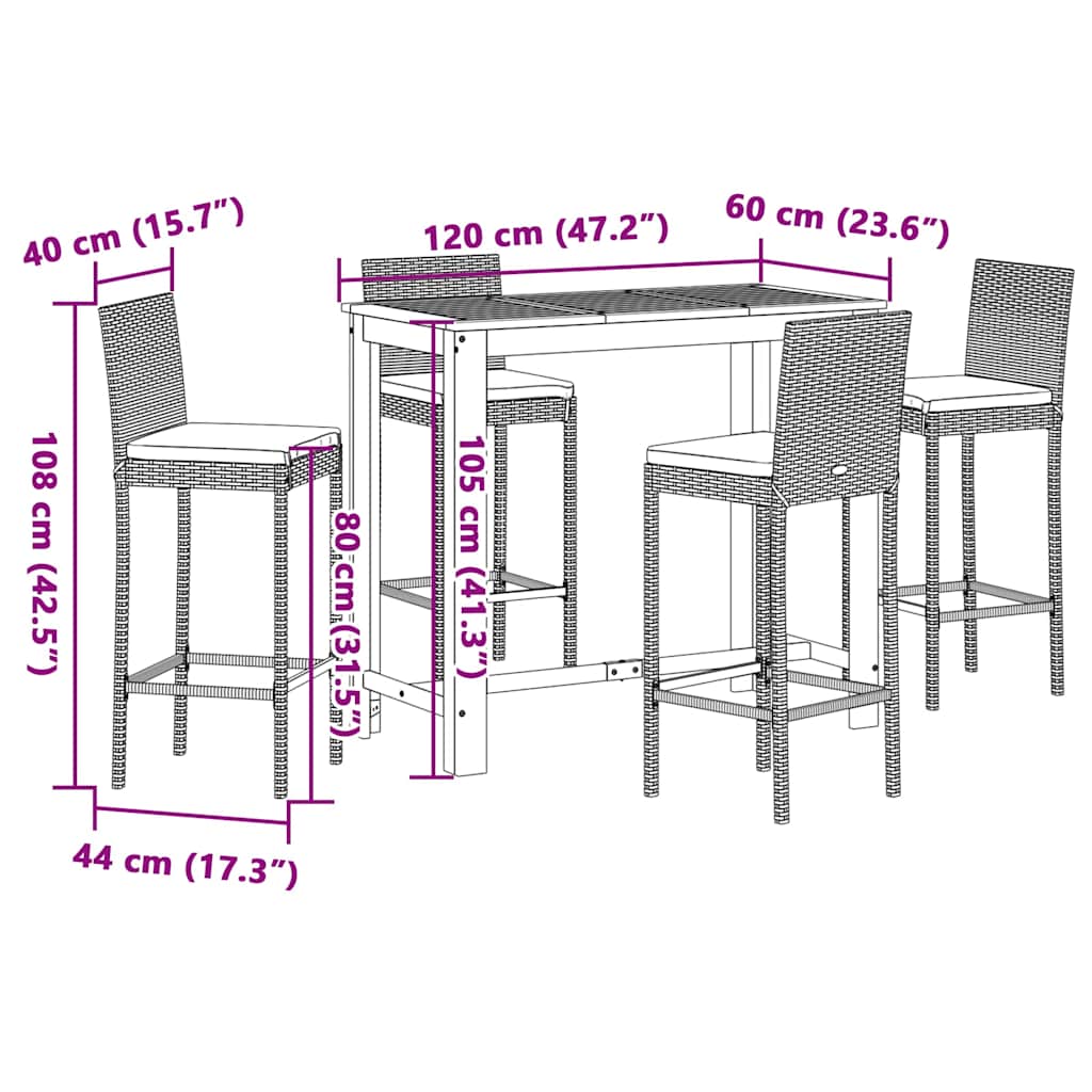 Ensemble de bar de jardin 5 pcs noir bois massif acacia rotin - XIOS