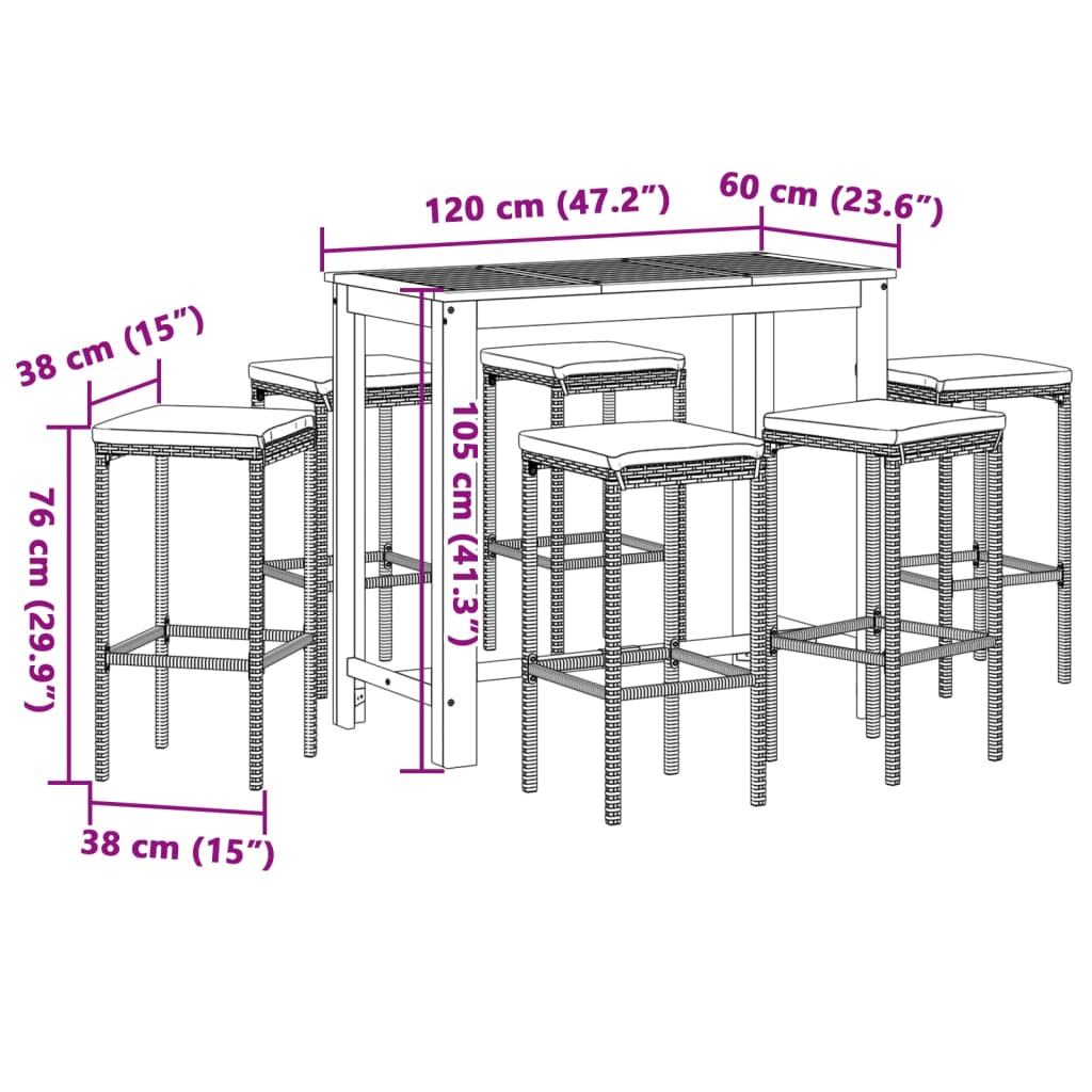 Ensemble de bar de jardin 7 pcs gris bois massif acacia rotin - XIOS
