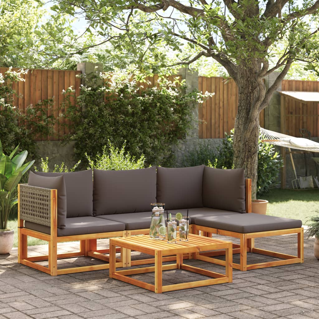Ensemble de canapés de jardin 5 pièces avec coussins en bois d'acacia et rotin
