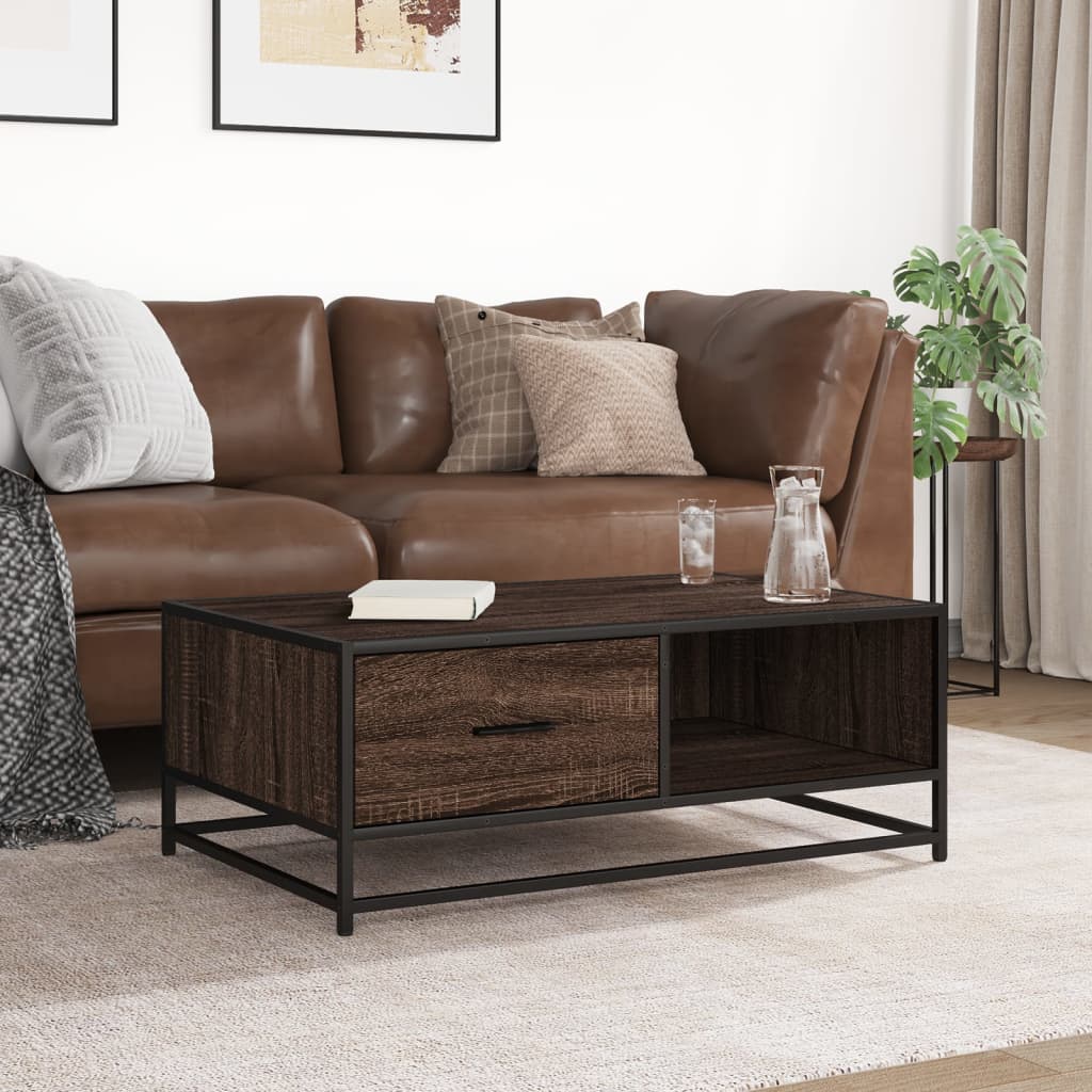 Table basse chêne marron 90x57x35 cm bois d'ingénierie et métal - XIOS