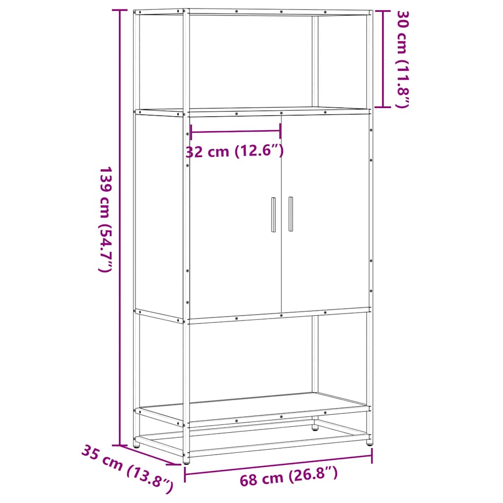 Buffet haut chêne marron 68x35x139 cm bois d'ingénierie métal - XIOS