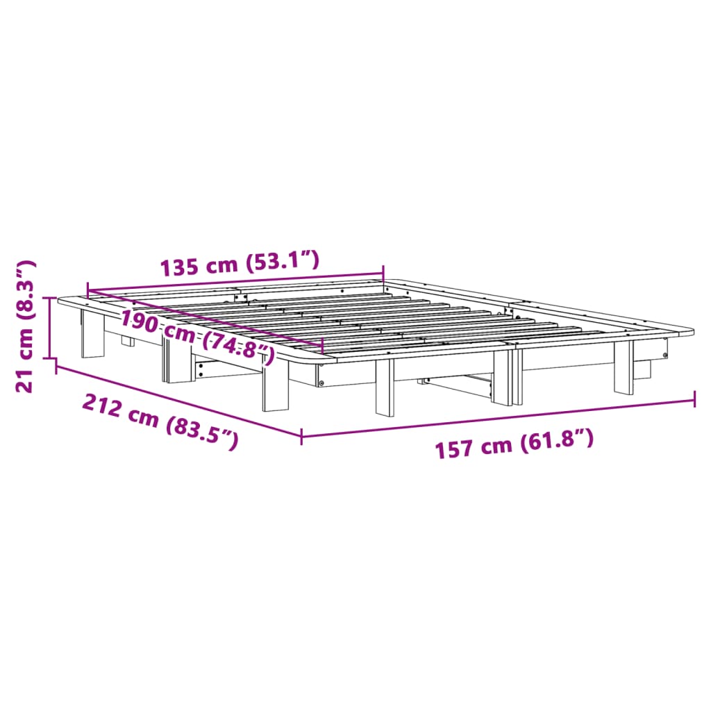 Cadre de lit sans matelas cire marron 135x190cm bois pin massif - XIOS