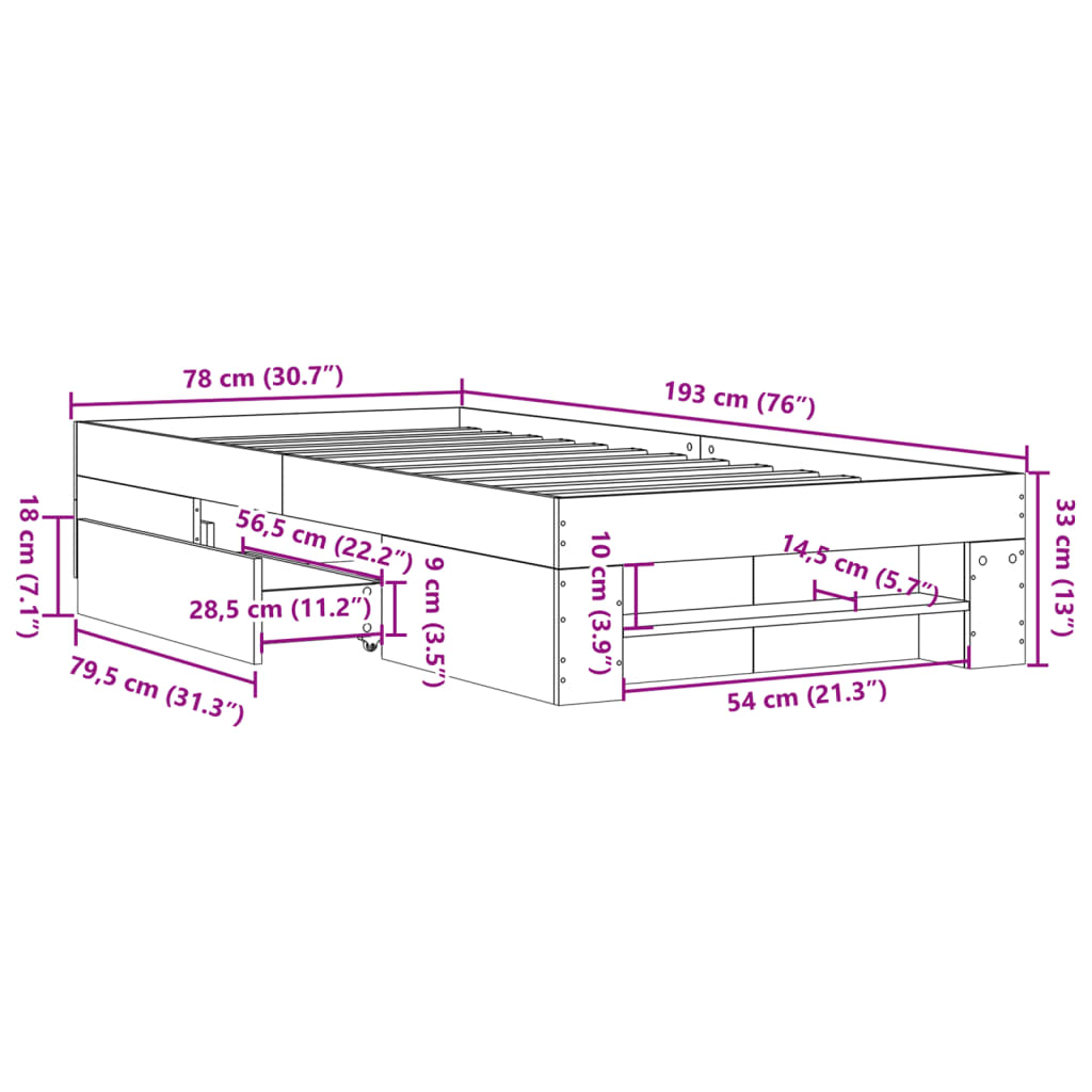 Cadre de lit sans matelas chêne fumé 75x190cm bois d'ingénierie - XIOS