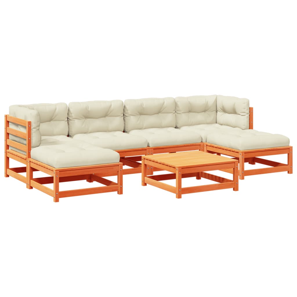 Salon de jardin 7 pcs avec coussins cire marron bois pin massif - XIOS