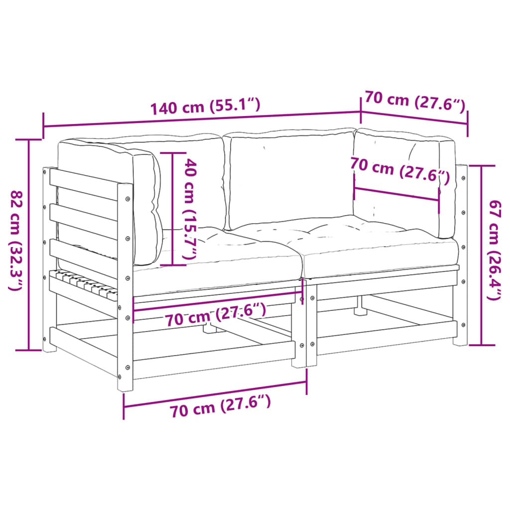 Salon de jardin 2 pcs avec coussins bois de pin massif