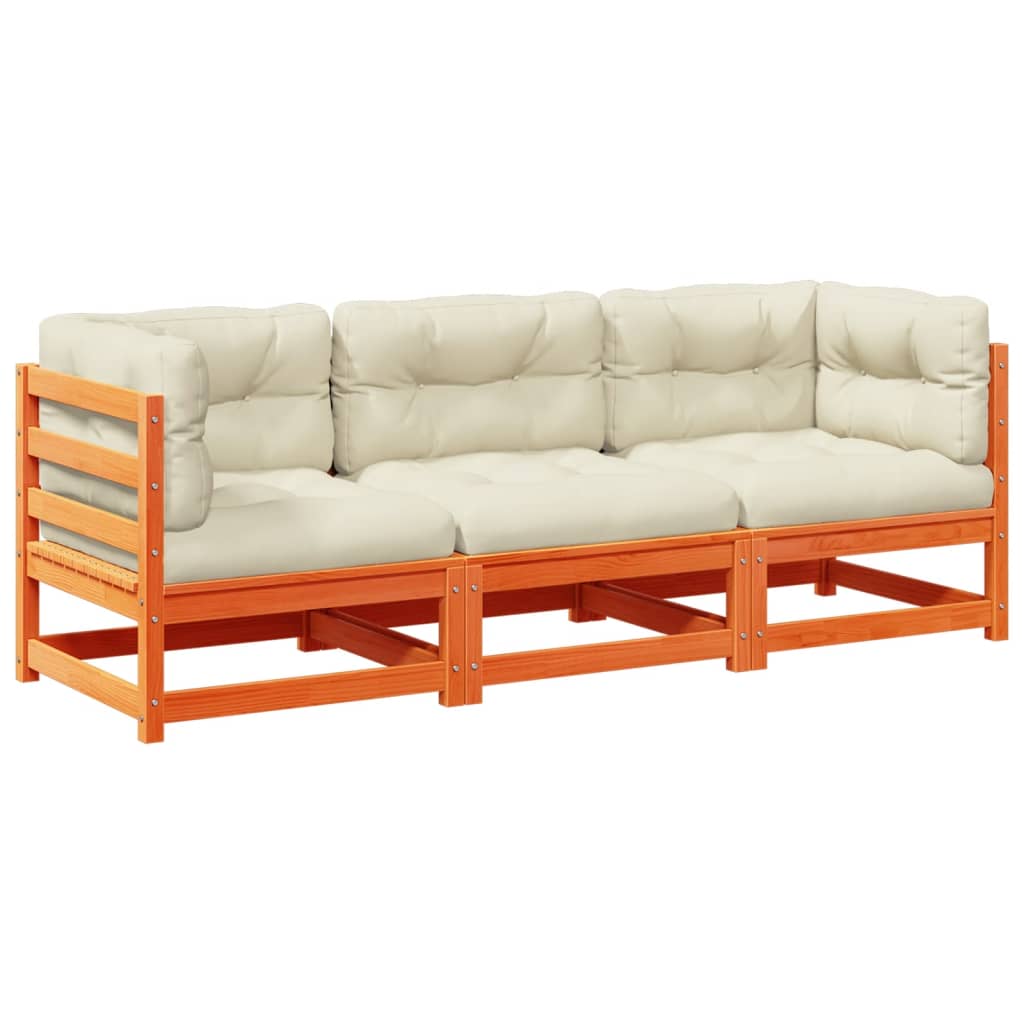 Salon de jardin 3 pcs avec coussins cire marron bois pin massif - XIOS