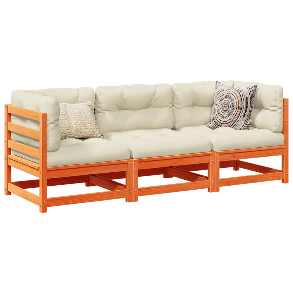 Salon de jardin 3 pcs avec coussins cire marron bois pin massif - XIOS