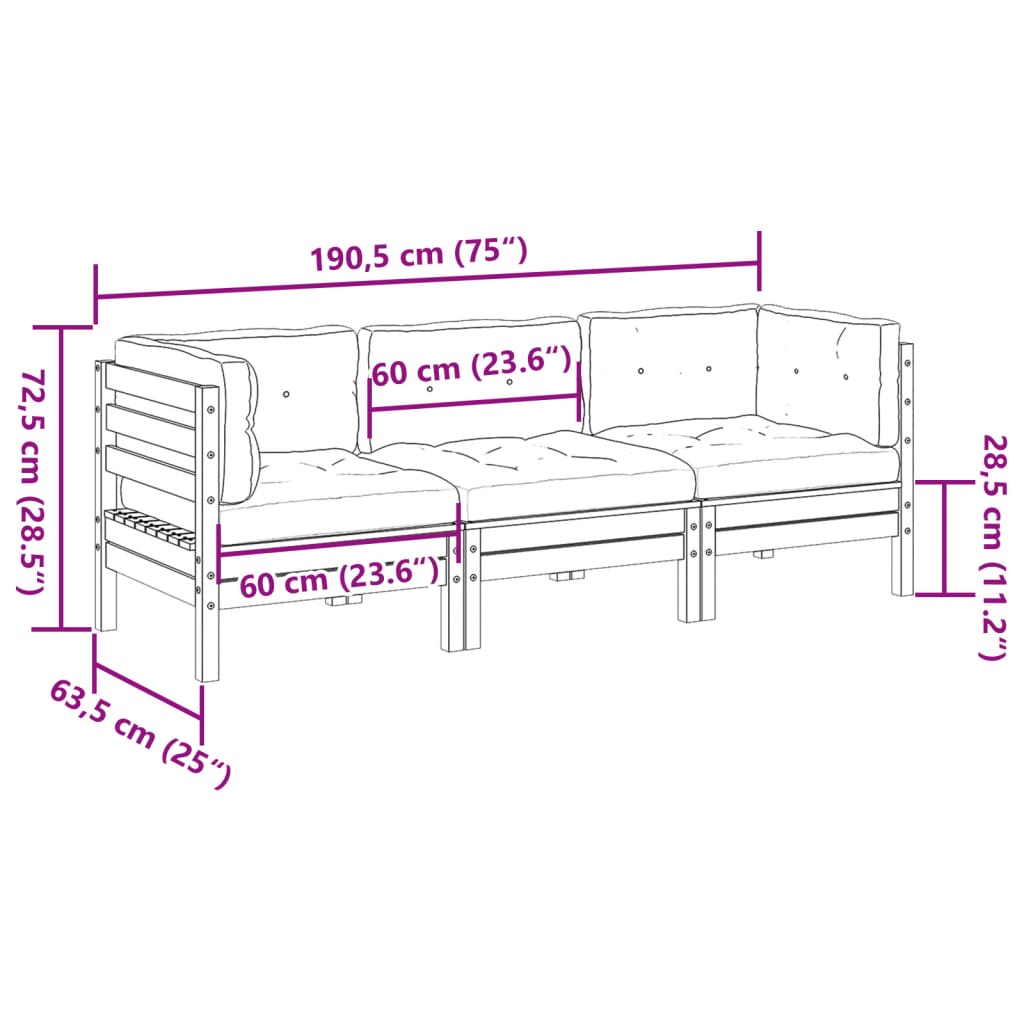 Salon de jardin 3 pcs et coussins bois massif sapin de douglas