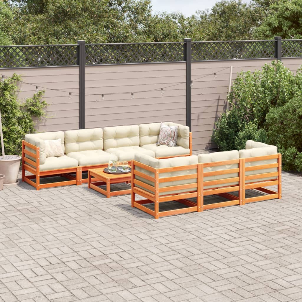Salon de jardin 8 pcs avec coussins marron cire bois pin massif - XIOS