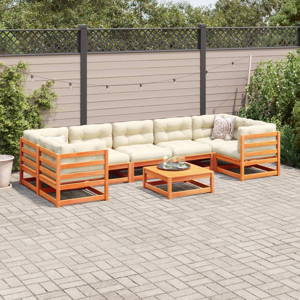 Salon de jardin 8 pcs avec coussins marron cire bois pin massif - XIOS