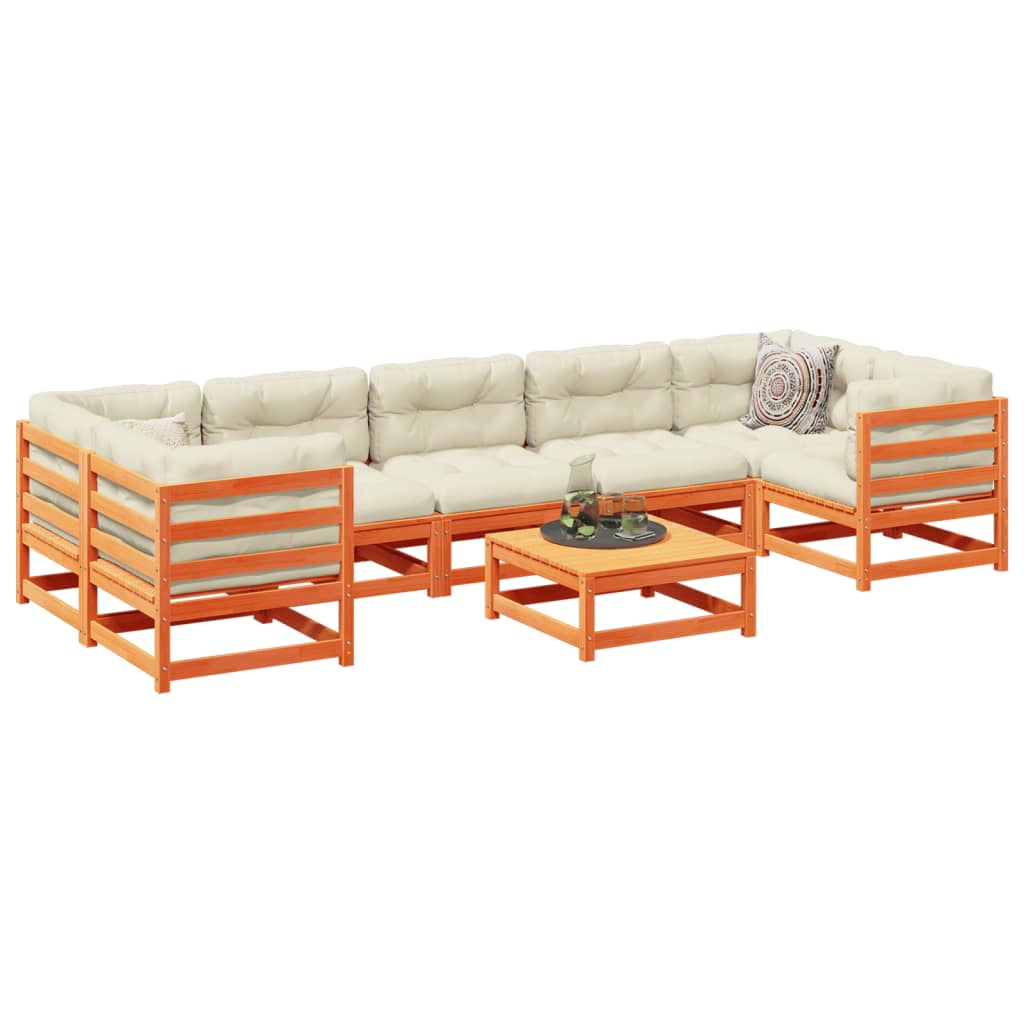 Salon de jardin 8 pcs avec coussins marron cire bois pin massif - XIOS