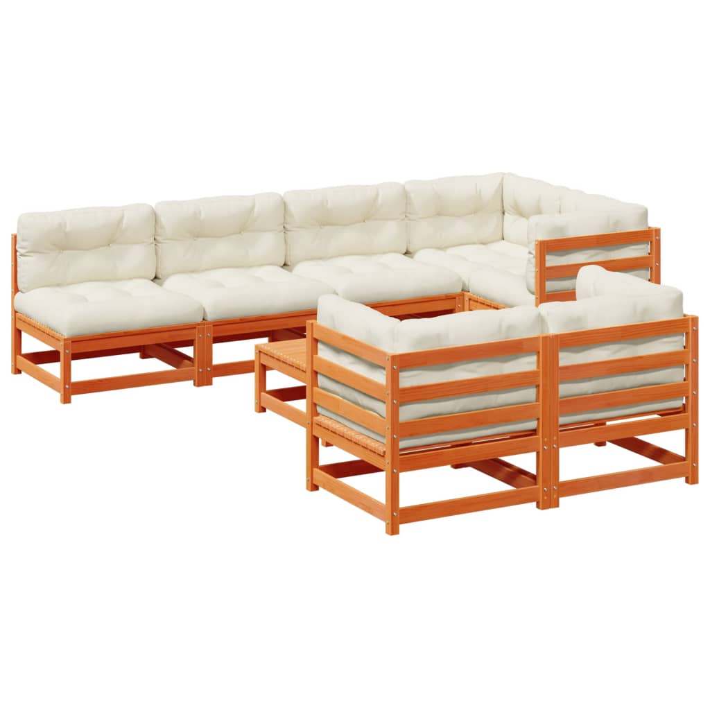 Salon de jardin 8 pcs avec coussins marron cire bois pin massif - XIOS